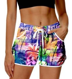 Deerose Damen Sommer Boardshorts Tropische Hawaii Strand Badeshorts, Bunte Palme, S von Deerose