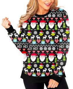 Deerose Frauen Weihnachten Langarm Sweatshirts Hässliche Weihnachten Print Kleidung Shirts, C | Weihnachtsmann & Herz, S von Deerose