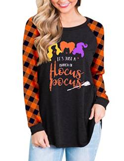 Deerose Lustiges Halloween-Shirt für Damen, langärmelig, kariert, Thanksgiving-Top, Hocus Pocus, Mittel von Deerose