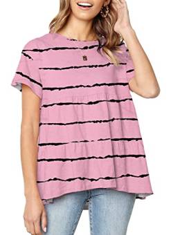 Defal Damen-Sommer-T-Shirt, kurzärmelig, lockerer Saum, Babydoll, Schößchen, Wz Pink Black Stripe, Klein von Defal