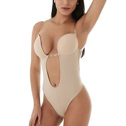 Defitshape Damen Rückenfrei Body Shapewear Nahtlose U Plunge Bodysuit Braut Tanga Shaper, Khaki, 38 von Defitshape