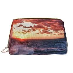 Make-up-Tasche mit Meeresspray und Sonnenaufgang, große Kapazität, Reise-Kosmetiktasche, PU-Leder, Make-up-Organizer für Frauen und Mädchen, weiß, Einheitsgröße von Dehiwi