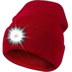 Deilin Outdoor Hüte für Damen, LED Mütze mit Licht Damen Geschenke Weihnachten, Beleuchtete Mütze Aufladbar USB Geschenke für Männer und Frauen, Warme Strickmütze Beanie Damen Mütze Winter Rot von Deilin