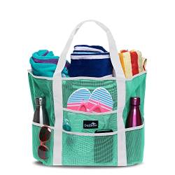Dejaroo Strandtasche aus Netzstoff, leichte Tragetasche für Spielzeug und Urlaubsutensilien, Meeresschaum mit weißen Griffen, Large von Dejaroo