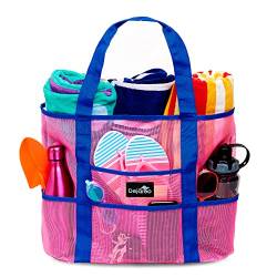 Dejaroo Strandtasche aus Netzstoff, leichte Tragetasche für Spielzeug und Urlaubsutensilien, Rosa mit blauen Griffen, Large von Dejaroo