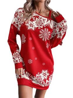 Dekyda Damen Kleid Weihnachten Schneeflocke Print Langarm Herbst/Winter Kleid (DE/NL/SE/PL, Alphanumerisch, L, Regular, Regular, Rot) von Dekyda