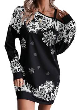 Dekyda Damen Kleid Weihnachten Schneeflocke Print Langarm Herbst/Winter Kleid (DE/NL/SE/PL, Alphanumerisch, L, Regular, Regular, schwarz) von Dekyda