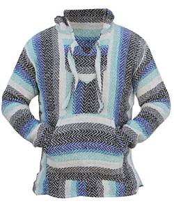 Del Mex Deluxe Mexican Baja Hoodie Sweatshirt Pullover Jerga Surf Poncho Drogenteppich, Weiß/Blau/Grau, X-Large von Del Mex