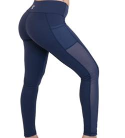 Damen Yogahose mit bequemer Bauchkontrolle, durchgehender Netzseiten und 2 Seitentaschen, Marineblau, X-Groß von Delbarii