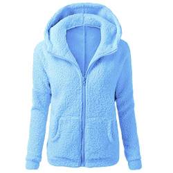 Deloito Damen Kapuzenjacke Warm Fleece Sweatjacke mit Reißverschluss Herbst Winter Teddy Hoodie Jacke Casual Einfachheit Übergangsjacke Leicht Wintermantel Einfarbig Fleecejacke mit Tasche, Blau, 3XL von Deloito