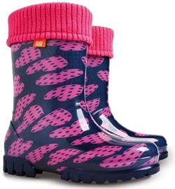 demar. Kinder Jungen Mädchen Gummistiefel Regenstiefel Warm Fleece Gefüttert Leicht Unisex Kinder Gummistiefel, Dots Hearts, 18/19 EU von Demar