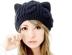 Demarkt Katze Ohren geformt Damen Mädchen häkeln Stricken Ski Hut Warm Beanie Wollmütze Wintermütze Strickmütze (Schwarz) von Demarkt