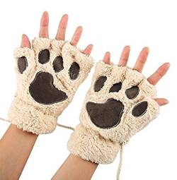 Demarkt Niedlich Katze Klaue Bär Pfote Plüsch Fingerlose Handschuhe Winter Halbfingerhandschuhe für Damen Mädchen ein Paar (Beige) von Demarkt