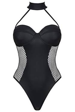 Schwarzer Wetlook Damen Dessous Netz-Body dehnbar mit Reißverschluss und Bügel Cups Neckholder Body XL von Demoniq