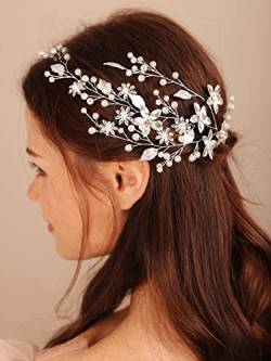Deniferymakeup Blume Braut Stirnband Perle Haarteil Blatt Hochzeit Haarschmuck für Frauen und Mädchen (Silber) von Deniferymakeup