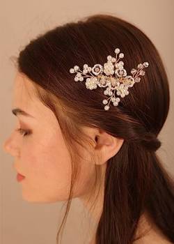 Deniferymakeup Blumen-Braut-Haarkamm mit Perlen, Brautschmuck, Seitenkamm, glitzernde Kristalle, Haarschmuck für Frauen und Mädchen von Deniferymakeup