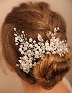Deniferymakeup Braut Perlen Stirnband Blatt Haarteil Kristall Haarranbe Hochzeit Haarschmuck für Frauen und Mädchen (Silber) von Deniferymakeup