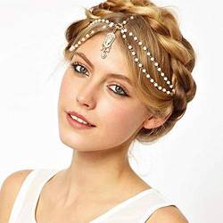 Deniferymakeup Vintage Hochzeit Braut Gothic Gold Kopfkette Braut Kopfschmuck Strass Kristall Hochzeit Haarschmuck für Braut und Frauen Imitation Perle Handgemachtes Stirnband (Weiß) von Deniferymakeup