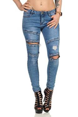 Denim Jeans Skinny Boyfriend Chinos Stretchjeans Schnürung Strass Ösen Risse (36, Blau) von Denim