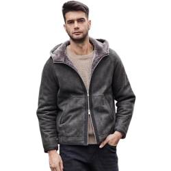 Denny&Dora Herren Lammfelljacke Winterjacke Kapuzenjacke Merino Felljacke Echtleder (DE/NL/SE/PL, Alphanumerisch, Einheitsgröße, Regular, Regular, Grau) von Denny&Dora