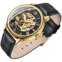 Herren-Armbanduhr, Skelett, klassische römische Ziffern, Steampunk, mechanische Armbanduhr, Handaufzug (blau), Schwarz & Gold 2 von Dentily