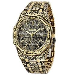 Herren-Armbanduhr mit einzigartigem Muster, geschnitzt, Quarzuhrwerk, Edelstahl, Herren-Armbanduhr, Gold, Quarzuhren von Dentily