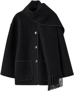 Damen Schal Jacke bestickt Knopfleiste Wollmischung Mantel Langarm Rundhals Quaste Schal Mantel mit Taschen, Schwarz , L von Depploo