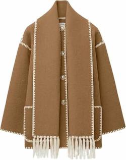 Damen Schal Jacke bestickt Knopfleiste Wollmischung Mantel Langarm Rundhals Quaste Schal Mantel mit Taschen, camel, M von Depploo
