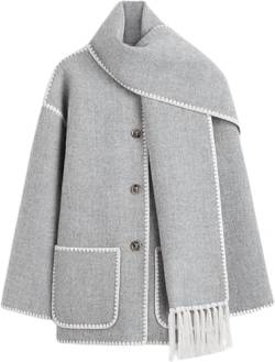 Damen Schal Jacke bestickt Knopfleiste Wollmischung Mantel Langarm Rundhals Quaste Schal Mantel mit Taschen, grau, S von Depploo