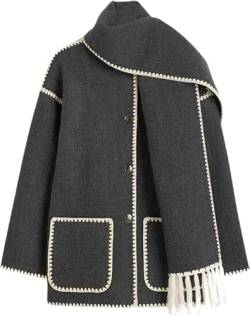 Depploo Damen Schal Jacke bestickt Knopfleiste Wollmischung Mantel Langarm Rundhals Quaste Schal Mantel mit Taschen, dunkelgrau, L von Depploo
