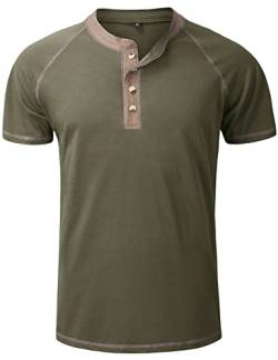 Derminpro Henley Herren-T-Shirts, Baumwolle, lässig, kurzärmlig, leicht, mit Knöpfen, 39-Armee, Mittel von Derminpro