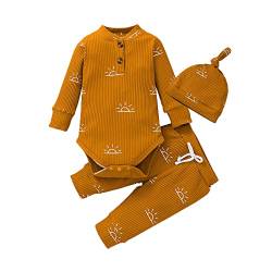 Derouetkia Baby Jungen Kleidung Neugeborene gerippte Langarm Strampler mit Sonnenmuster für Hosen und Hut Outfits Set, Gelb, 0 Monate von Derouetkia