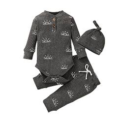 Derouetkia Baby Jungen Kleidung Neugeborene gerippte Langarm Strampler mit Sonnenmuster für Hosen und Hut Outfits Set, Grau, 0-3 Monate von Derouetkia