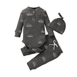 Derouetkia Baby Jungen Kleidung Neugeborene gerippte Langarm Strampler mit Sonnenmuster für Hosen und Hut Outfits Set, Grau, 0 Monate von Derouetkia