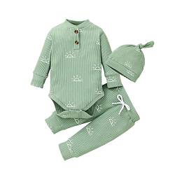 Derouetkia Baby Jungen Kleidung Neugeborene gerippte Langarm Strampler mit Sonnenmuster für Hosen und Hut Outfits Set, Grün, 0 Monate von Derouetkia
