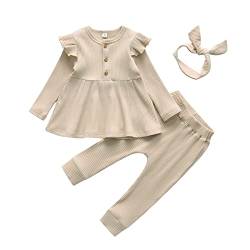 Derouetkia Baby Mädchen Kleidung Kleinkind Mädchen Rüschen Tops Langarm Hose mit Stirnband Outfit Set, Beige, 2-3 Jahre von Derouetkia