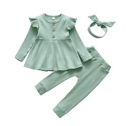 Derouetkia Baby Mädchen Kleidung Kleinkind Mädchen Rüschen Tops Langarm Hose mit Stirnband Outfit Set, Grün, 9-12 Monate von Derouetkia