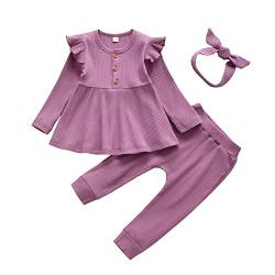 Derouetkia Baby Mädchen Kleidung Kleinkind Mädchen Rüschen Tops Langarm Hose mit Stirnband Outfit Set, lila, 9-12 Monate von Derouetkia