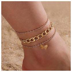 Dervivea Boho Geschichtet Schmetterling Fußkettchen Gold Kandare Kette Knöchel Armbänder Strand Twist Seil Fußkettchen Schmetterling Charme Fußkettchen Schmuck Für Frauen Und Mädchen 3pcs von Dervivea