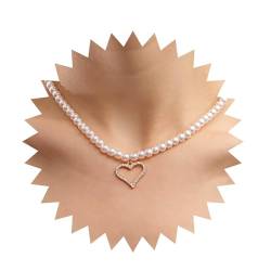 Dervivea Boho Herz Perle Choker Halskette Gold Kristall Liebe Herz Anhänger Halskette Cz Herz Perle Halskette Weiß Perle Kragen Halskette Hohlen Herz Halskette Kette Schmuck Für Frauen Und Mädchen von Dervivea