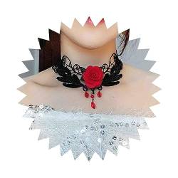Dervivea Gothic-Spitzen-Halskette, rote Rose, Blumen-Spitzen-Halskette, schwarze Spitzen-Kragen-Halskette, Lolita-Halloween-Kostüme, Cosplay-Halskette, Schmuck für Frauen und Mädchen von Dervivea