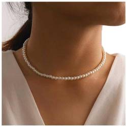 Dervivea Vintage Perlenkette Choker Kleine Perlenkette Halskette Weiße Perle Choker Halskette Runde Perle Charme Halskette Kette Schmuck Für Frauen Und Mädchen von Dervivea