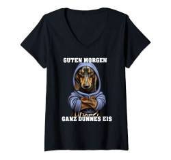 Damen Dackel mit Hoodi Guten Morgen, ganz dünnes EIS T-Shirt mit V-Ausschnitt von Designed by EDEL-designe