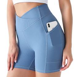 Desol Radlerhose Damen mit Taschen V Cross High Waist Shorts Bauch Kontrolle Kurze Sporthose Damen Sport Shorts für Yoga Laufen von Desol