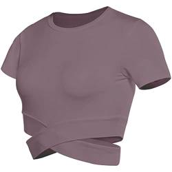 Detwen Damen Sport Oberteile Bauchfrei Top Kurzarm Lauf T-Shirt Yoga Crop Top mit Gekreuztem Saum Violett S von Detwen