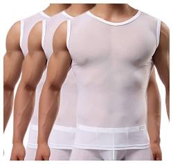 Detwen Herren Ärmellos Shirts 3er Pack Tank Top Mesh Slim Fit Sexy Unterwäsche Transparent Muskelshirt Weiß M von Detwen