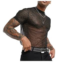 Detwen Herren Glitzer T-Shirt Sexy Gaze Clubwear Atmungsaktives und Leichtes Unterhemd Kurzarm Schwarz EU Größe M/Herstellergröße XL von Detwen