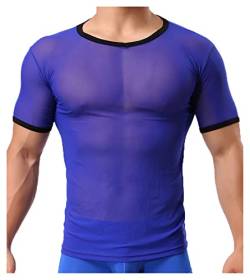 Detwen Herren Unterhemd Durchsichtige Unterwäsche Männer Netzshirts Slim Fit Reizwäsche Super Atmungsaktiv Blau XL von Detwen