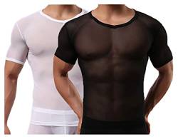 Detwen Herren Unterwäsche Mesh Shirts 2 Pack Party Tops Workout Shirt für Fitness Training Weiß und Schwarz L von Detwen