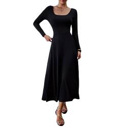 DeuYeng Damen Casual Herbst Langes Kleid Langarm U-Ausschnitt Einfarbig Herbst Cocktail Party Swing Midi Kleider (Black, M) von DeuYeng